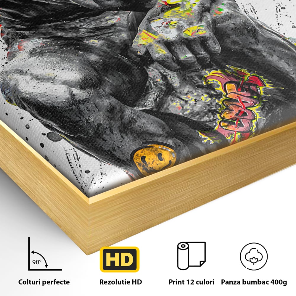 Detaliu al suprafetei: tablou canvas cu statuia ganditorul, in rama de aluminiu auriu